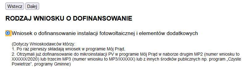 rodzaj wniosku o dofinansowanie