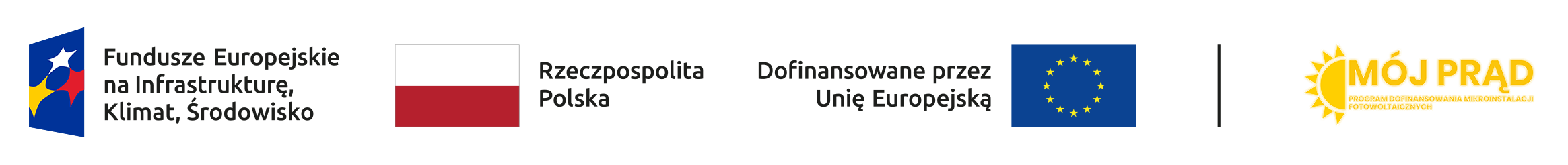 Logotypy - Fundusze Europejskie na Infrastrukturę, Klimat, Środowisko; RP; Dofinansowane przez Unię Europejską; Mój Prąd